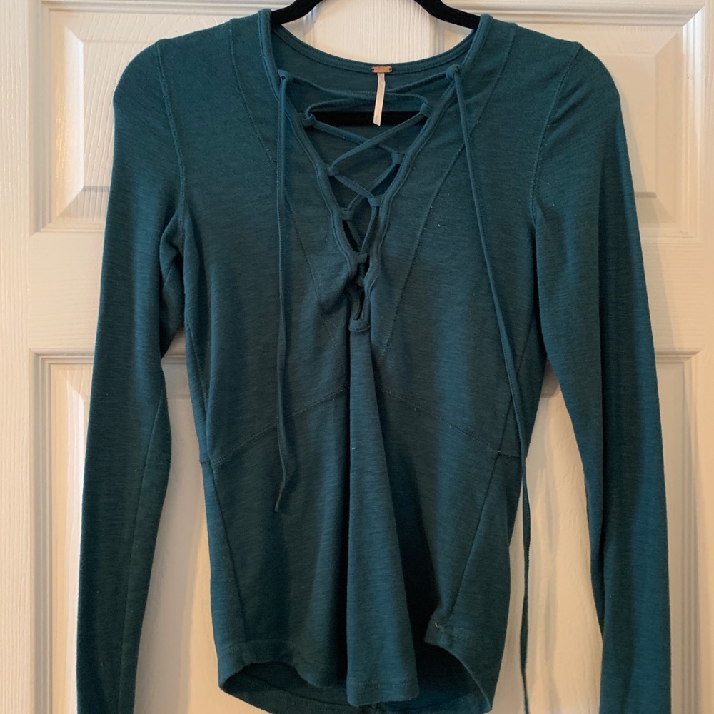 Free People teal lace up long sleeve shirt